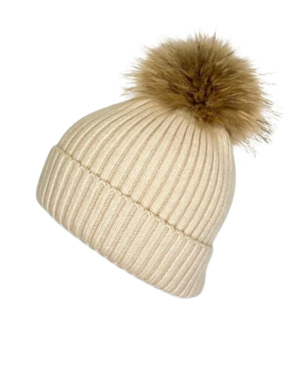 3342 Linda Richards Wool Ribbed Cream Hat with Camel Color Fur Pompom HA-11